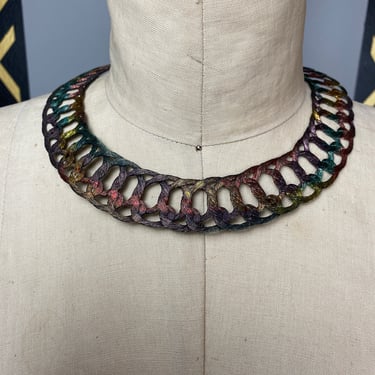 1980s choker, statement necklace, vintage jewelry, woven metal mesh, chunky, rainbow necklace, 80s jewelry 