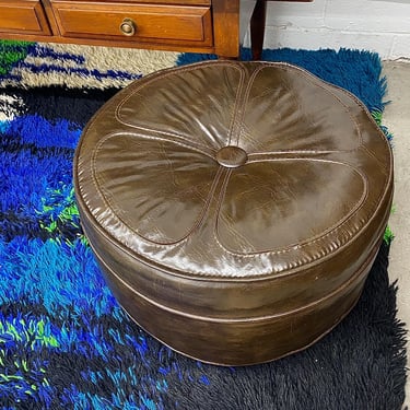 Vintage Rolling Ottoman Retro 1970s Mid Century Modern + Brown Vinyl + 4 Leaf Clover Design + Round + On Wheels + Footstool + MCM Furniture 