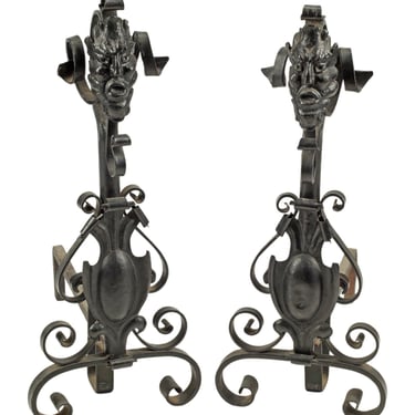 Antique Gothic Grotesque Mask Scrolling Wrought Iron Andiron Pair 