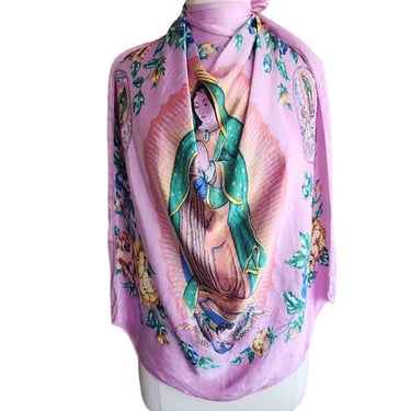 Vintage Mexican Pink Print Scarf Our Lady of Guadalupe Print 