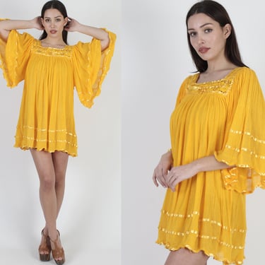 Yellow Gauze Mini Dress / Lightweight Thin Kimono Sleeves Dress / Vintage Crochet Lace Angel Sleeve Top / Marigold Sheer Beach Cover Up 