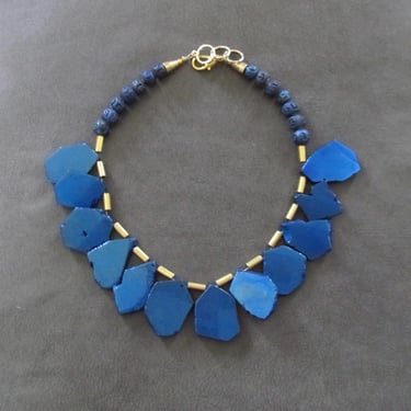 Electroplated slab stone statement necklace, chunky blue necklace 