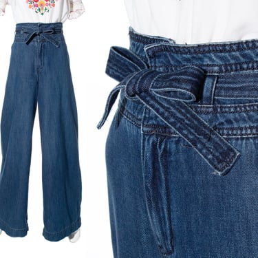 Modern Vintage 1970s Style Jeans | FREE PEOPLE Medium Wash Blue Denim High Waisted Belted Wide Leg Pants (large) 
