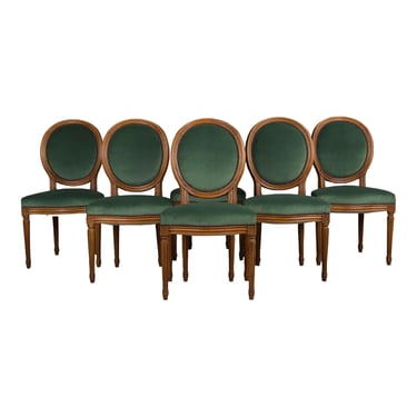 French Louis XVI Style Maple Dining Chairs W/ Green Velvet - Set of 6 