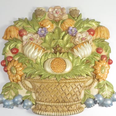 Vintage Chalkware Plaster Basket of Flowers Wall Plaque -  Autumn Flowers Chalkware Wall Decor 