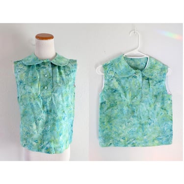 Vintage Floral Blouse - 60s Watercolor Green Sleeveless Top - Mod 1960s Summer Shirt - Size Medium 