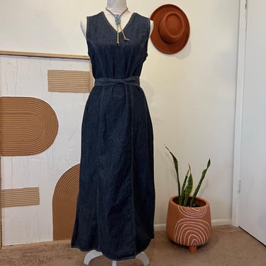 Vintage 90s Expressions Blue Dark Wash Cotton Denim Stitched Bow Tie Long Dress 