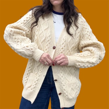 Vintage Cardigan Retro 1980s Athena Designs + Handknit + Fisherman + Wool + Cream + Button down + Sweater + Cable Knit + Unisex Apparel 