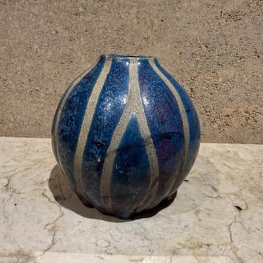 Modernist Studio Art Pottery Blue Vase Vessel signed 