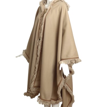 YVES SAINT LAURENT- 1970s Beige Wool Fringed Cloak, Size 10