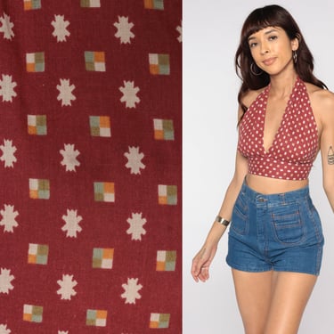 70s Halter Neck Top Geometric 70s Crop Top CROPPED Shirt Hippie Backless Blouse Red Boho Deep V Neck Open Back Bohemian Small xs s 
