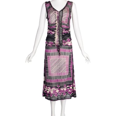 Jean Paul Gaultier Vintage Purple Black Geometric Print Ruched Silk Jersey Dress