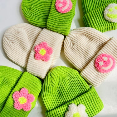 Lime Green Tufted Beanie, knit hat, winter hat, fall, gift, present, happy face, flower 