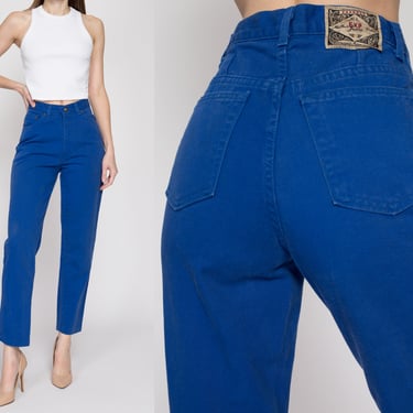 Small 90s High Waisted Royal Blue Jeans | Vintage Express Denim Tapered Leg Mom Jeans 