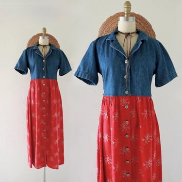 imperfect denim + floral dress - see details - s - vintage 90s y2k blue jean red cute cottage cottagecore small womens maxi 