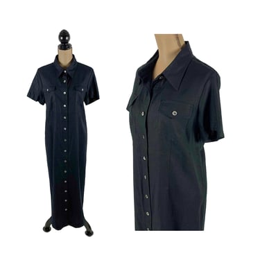 Plus Size 90s Short Sleeve Linen Maxi Dress XL, Long Black Button Down, Collared Casual 1990s Clothes Women Vintage CAROLINA COLOURS Size 16 