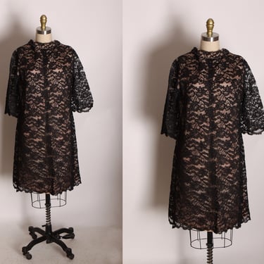 1960s Sheer Black Lace Overlay Nude Illusion Nude Tone 3/4 Length Sleeve Dress -L 