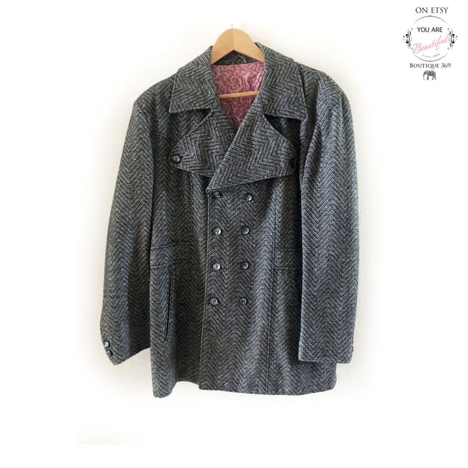 Vintage Mens Mod 1960's Jacket Blazer Coat, Double Breasted, Wide Lapels, Gray wool Overcoat 