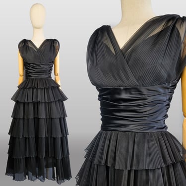 1960s Cocktail Dress / Designer Kappi / 1960s Party Dress / 1960s Formal / 60s Black Micro Pleated Tiered  Dress / Size Small 