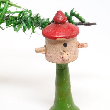 Antique Miniature 2 1/4 Inch German  Bird House on Stand, Hand Painted Wood,  Vintage Folk Art, Doll House 
