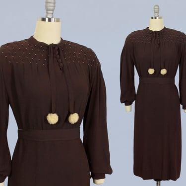 1930s Dress / 30s Smocked Crepe Peasant Dress / Bishop Sleeves / Pom Poms 
