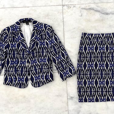 Vintage Leslie Stuart Suit Skirt Blue White Print 2 Piece Set Womens 10 Office Corpcore Business 