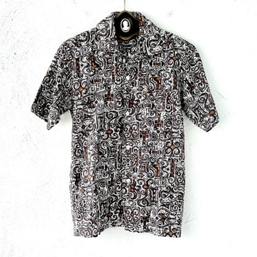 Vintage 50s 60s Hawaiian Tiki Aloha Shirt 1950s 1960s Hawaii Top Tropicana Pineapple Graphic Collared Shirt 