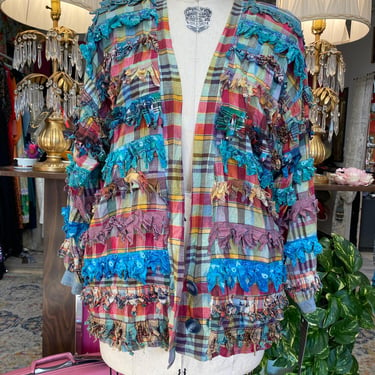 vintage 1990s Paula Sweet plaid fringe oversized rag jacket 