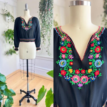 Vintage 1940s Peasant Top | 40s Hungarian Floral Hand-Embroidered Sheer Black Rayon Long Sleeve Folk Blouse | small 