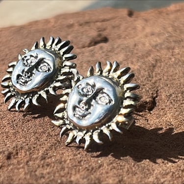 Vintage Mexico Sterling Silver Post / Stud Celestial Sun Earrings 