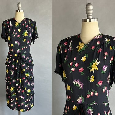 1940s Dress / Floral Silk Crepe Dress with Tiered Peplum / 1940s Day Dress / Size Medium 