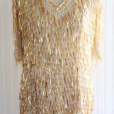 Beaded - Fringe - Champagne - Gold - Cocktail - Party Dress - Marked size L 