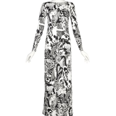 Cirette Vintage Amazing Black and White Women and Bird Novelty Print Maxi Dress