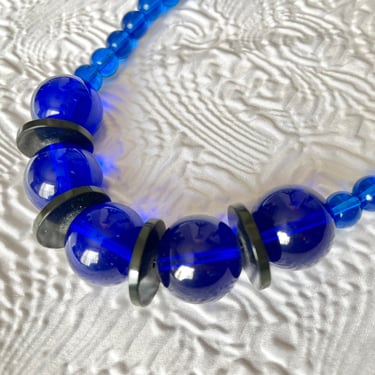 Cobalt Blue Necklace, Big Lucite Beads, Chunky, Clear Blue, Vintage 80s Jewelry 