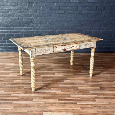 American Farmhouse Painted Oak Harvest Dining Table, Distressed Finish, 1940’s 
