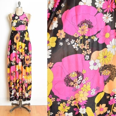 vintage 60s 70s sun dress black floral POPPY print psychedelic hippie maxi XS clothing 