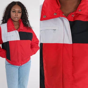 Red Puffer Jacket 80s Color Block Ski Jacket Vintage Grey Black Retro Striped Puffy Coat Winter 1980s Puff Jacket Athletic Men's Medium 