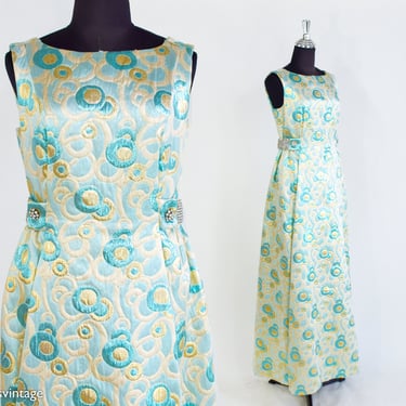 1960s Metallic Blue Brocade Evening Dress | 60s Turquoise & Gold Circles Maxi Dress | Small 
