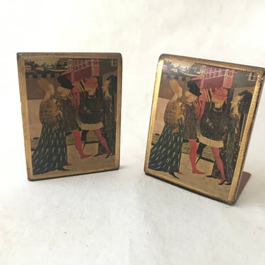 Vintage Mid Century Italian Florentine Gold Middle Ages Painting Foldable Bookends 