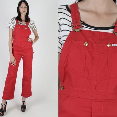 70s Lee Red Denim Overalls, Made In USA Denim Suspenders, Vintage 1970's Utility Bell Bottoms 