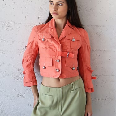 Vintage Jean Paul Gaultier Peach Cropped Multi Pocket Cargo Jacket with Belted Closure sz XS S Pink Silver Buttons 90s Y2K JPG 