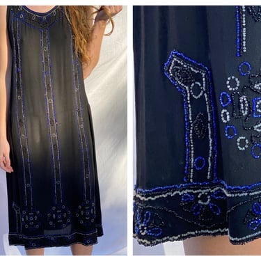 1920s Beaded Dress / Midnight Black and Cobalt Blue Glass Beaded DROP WAIST Holiday Party Dress / Twenties Flapper Dress 