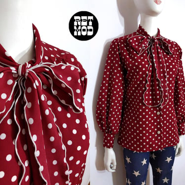 Cute Vintage 70s 80s Maroon Polka Dot Long Sleeve Blouse with Pussybow 