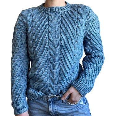 Hand Knit Womens Blue Cable Chunky Knit Fisherman Style Crewneck Sweater Sz M 