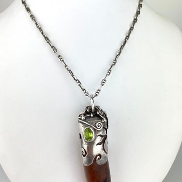 Vintage Artisan Large Amber Spike Peridot Sterling Silver Pendant Necklace w/ Anchor Chain 
