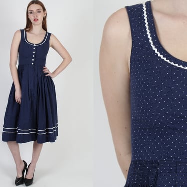 Vintage Dirndl Austrian Tracht Prairie Dress Country Folk Navy Polka Dot Sz 38 