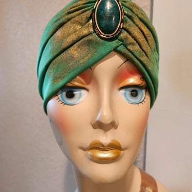 Turban Green Stone and Gold, Green Turban, Hand Painted Turban, Designs by Amanda Alarcon Hunter, Custom Redesigned Turban, OOAK Turban 