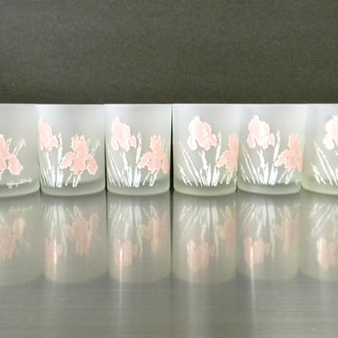 Vintage 80s Set of 6 Georges Briard Iris Double Old Fashioned Glasses, Pastel White and Pink Floral Frosted Whiskey Glasses, Retro Glasses 