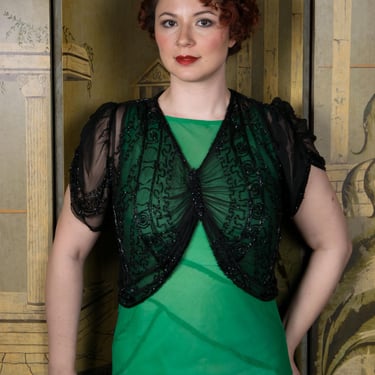 1930s Blouse - Glamorous Ultra Sheer 30s Cocktail Over Blouse with Jet Beading, Draped Bust and Ruched Sleeves 