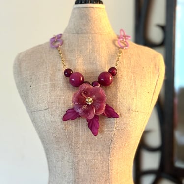 Sugar Plum Flower Statement Necklace, Vintage Resin Beads, Purple Floral Jewelry, Unique Necklace 